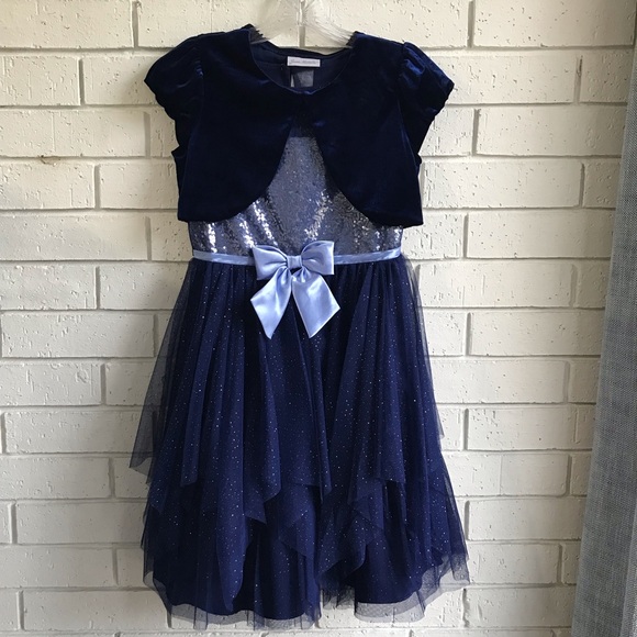 Jona Michelle Blue 2 Pc Fit & Flare Fancy Tulle Dress w/shrug Girl's Size 12 - Picture 1 of 11
